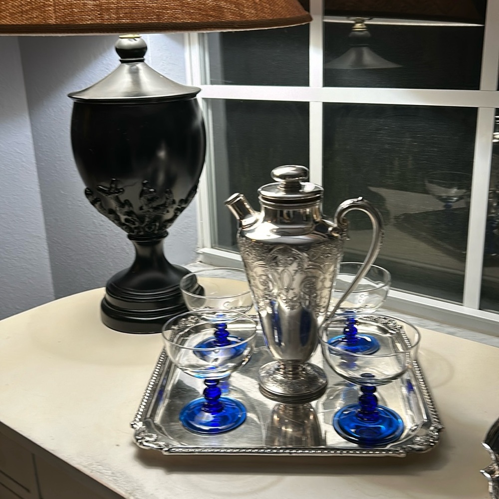 Vintage Silver Cocktail Shaker with Tray and 4 Glasses